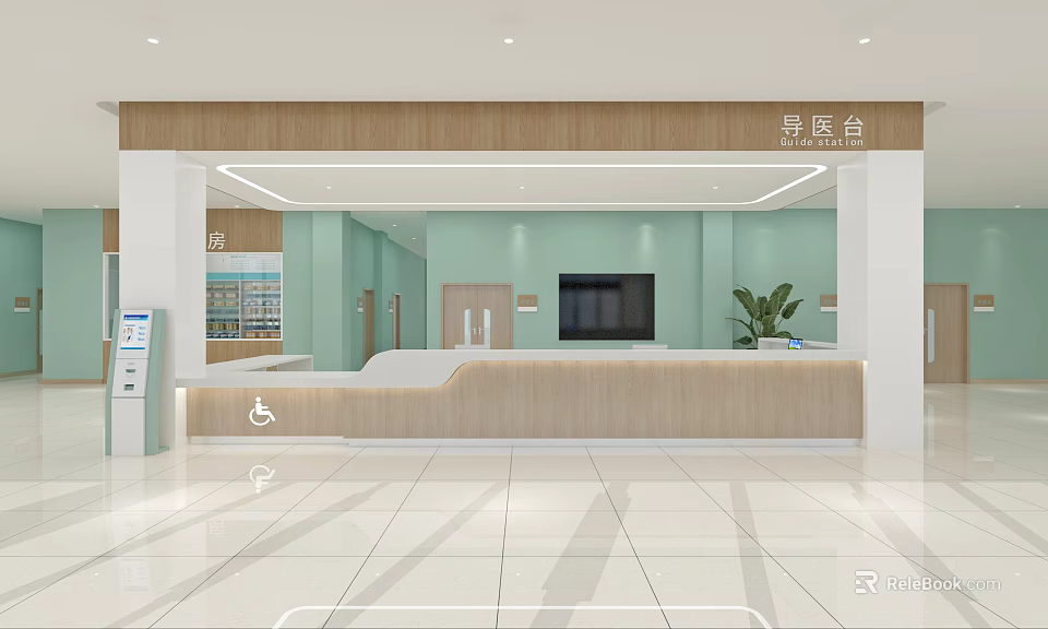 Modern Medical Reception Desk in Clinic Lobby with Light Green Walls Wooden Counter TV and Plant 3d model 
