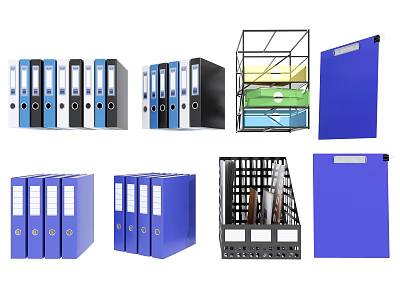 Blue and Black Office Folders Organized with Storage Racks and File Holders 3d model