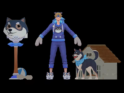 Character In Blue Hoodie With Husky Dog Waffle Near Dog House And Ball 3d model