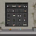 Stylish Illuminated Liquor Cabinet With Various Bottles And Potted Plants