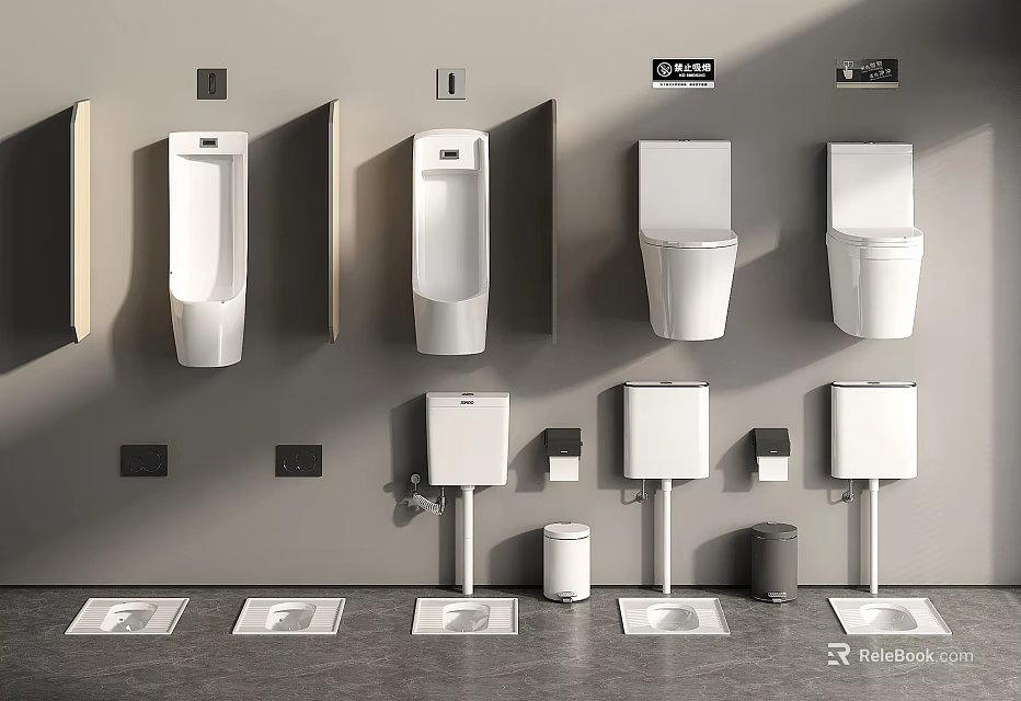 Various Modern Toilet Types Including Wall Mounted Urinals And Floor Standing Bowls 3d model 