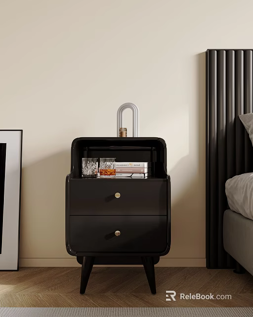 Black Bedside Table With Two Drawers Glass And Books On Top 3d model 