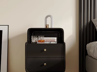Black Bedside Table With Two Drawers Glass And Books On Top 3d model