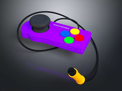 Purple Computer Game Controller With Black Joystick Colorful Buttons And Yellow Plug Cable 3d model