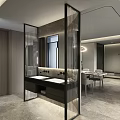 Modern Open Concept Dining and Living Room Interior With Sofa Coffee Table and Floor-to-Ceiling Windows