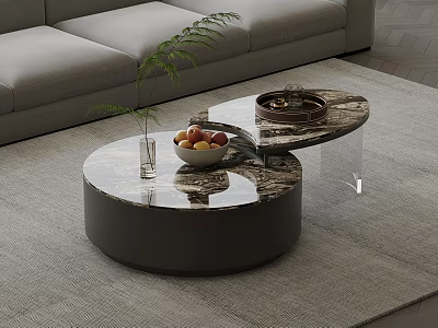 Round Coffee Table With Marble Top Fruit Bowl Green Plant Tray In Modern Living Room 3d model