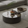 Round Coffee Table With Marble Top Fruit Bowl Green Plant Tray In Modern Living Room