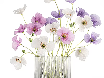 Elegant Transparent Textured Glass Vase With Pink Purple White Blooms 3d model
