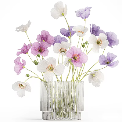 Elegant Transparent Textured Glass Vase With Pink Purple White Blooms 3d model
