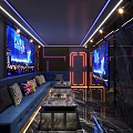 Modern KTV Lounge Interior With Large Screens Blue Sofas And Coffee Tables 3d model