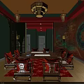 Traditional Chinese Dining Room Interior With Round Table Chairs Green Curtains And Decorative Wall Art