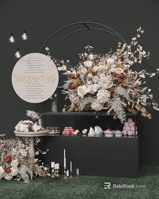 Wedding Floral Display With Dried Flowers And Dessert Table On Black Shelf 3d model 