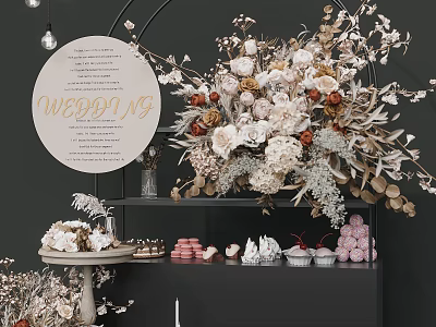 Wedding Floral Display With Dried Flowers And Dessert Table On Black Shelf 3d model
