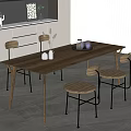 Modern Minimalist Dining Table Set With Wooden Table Metal Leg Chairs And Decorative Vases
