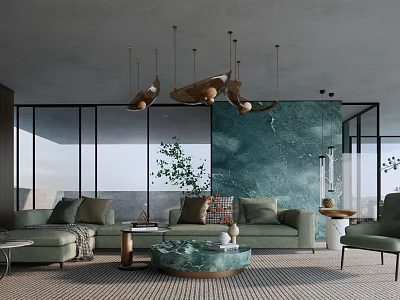 Modern Luxury Living Dining Room With Emerald Marble Wall Sofa And Hanging Pendant Lights 3d model