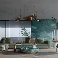 Modern Luxury Living Dining Room With Emerald Marble Wall Sofa And Hanging Pendant Lights
