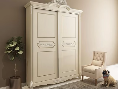 Elegant White Carved Double Door Wardrobe Interior With Beige Chair Green Plant And Brown Wall 3d model