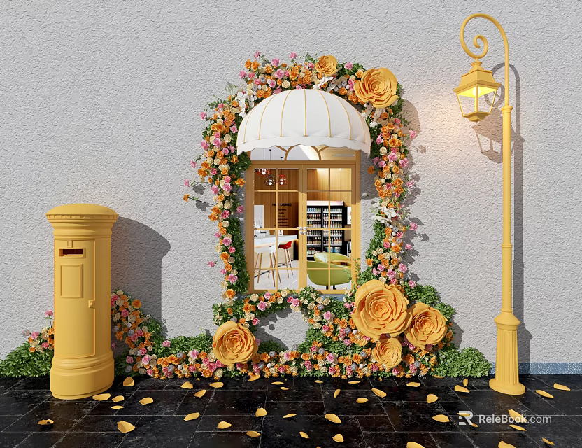 Scenic Photo Spot With Floral Arch White Awning Yellow Postbox And Street Lamp 3d model 