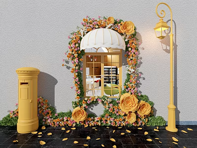 Scenic Photo Spot With Floral Arch White Awning Yellow Postbox And Street Lamp 3d model