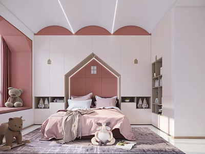 Cozy Kids Room Interior With Pink Bed Arched Decor Stuffed Toys And Bookshelves 3d model