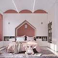 Cozy Kids Room Interior With Pink Bed Arched Decor Stuffed Toys And Bookshelves