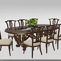 Oval Dark Wood Dining Table Set With Carved Chairs Light Padded Seats Green Plant Centerpiece