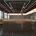 Modern Restaurant Interior With Open Layout Marble Counter Ceiling Linear Lights Red Walls Large Windows 3d model