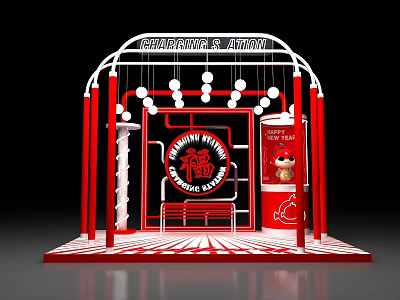 Charming Attic Photo Check in Spot With Red White Decor Neon Lights And Bench 3d model
