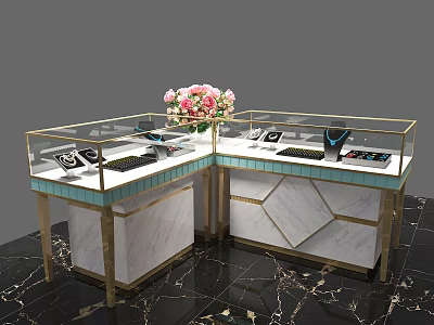 Elegant Jewelry Store Luxury Display Counter With Glass Top Marble Base And Gold Frame 3d model