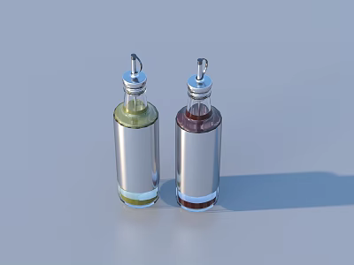 Stainless Steel Condiment Bottles With Glass Sections And Yellow Red Liquids 3d model