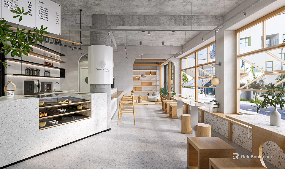 Modern Milk Tea Shop With Open Layout Display Case And Seating Area 3d model