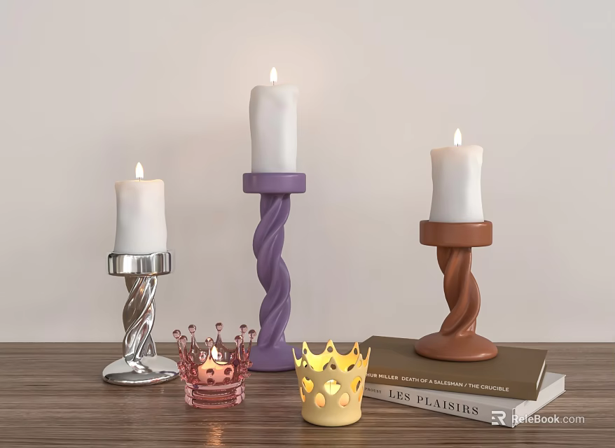 Stylish Spiral Design Candle Holders With Different Colors Lit Candles And Crown Shaped Details 3d model 