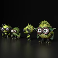 Four Green Fuzzy Monsters With Big Eyes Arranged On Dark Background 3d model