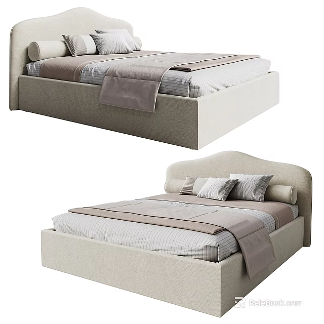 Modern Double Bed with Upholstered Frame Light Colored Bedding Pillows and Blanket Design 3d model 