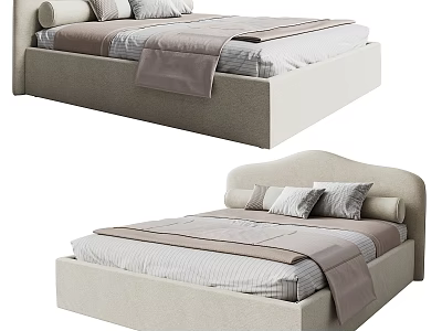 Modern Double Bed with Upholstered Frame Light Colored Bedding Pillows and Blanket Design 3d model