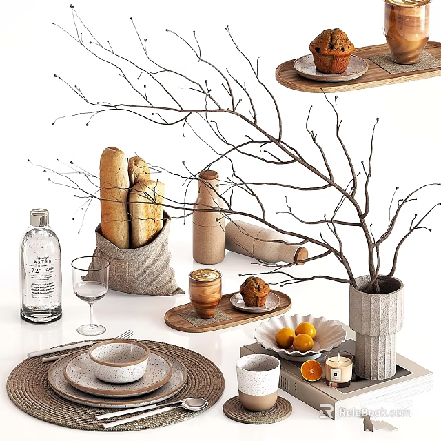 Stylish Dinnerware Set With Natural Branches Vase Decoration Bread Muffin Oranges Wine Glass Cup Placemats 3d model 