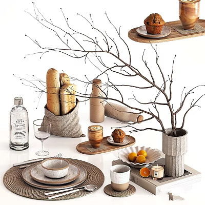 Stylish Dinnerware Set With Natural Branches Vase Decoration Bread Muffin Oranges Wine Glass Cup Placemats 3d model
