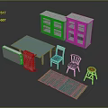 Furniture Set with Green Table White Gray Chairs Cabinet Orange Stool and Green Rug