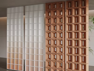 Modern Room Dividers With Glass Vertical Slats And Wooden Grid Storage Design 3d model