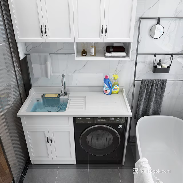 Modern White Bathroom Vanity Cabinet with Marble Countertop Sink Washing Machine and Mirror 3d model 