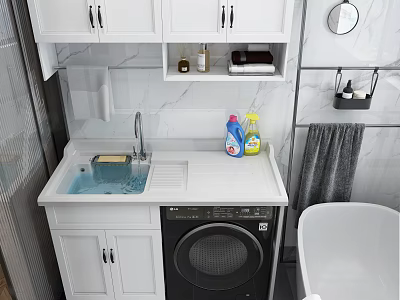 Modern White Bathroom Vanity Cabinet with Marble Countertop Sink Washing Machine and Mirror 3d model