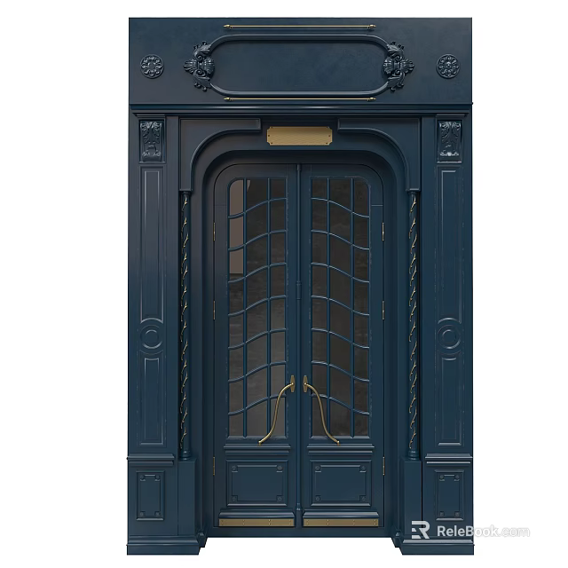 Elegant Dark Blue Double Doors With Golden Handles Glass Panes And Ornate Frame 3d model 