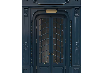 Elegant Dark Blue Double Doors With Golden Handles Glass Panes And Ornate Frame 3d model