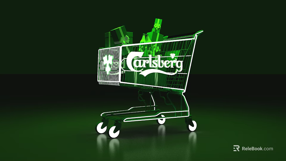 Carlsberg Illuminated Shopping Cart With Items On Green Background 3d model 