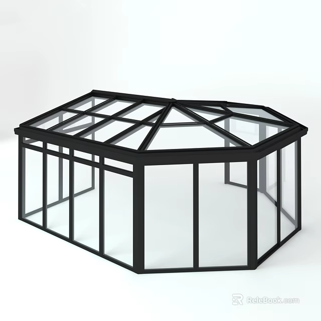Modern Octagonal Glass Sunroom Design With Black Frame And Clear Windows 3d model 