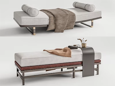 Plush Ottoman With Soft Pillows Blanket Decorative Side Table Cups And Metal Legs 3d model