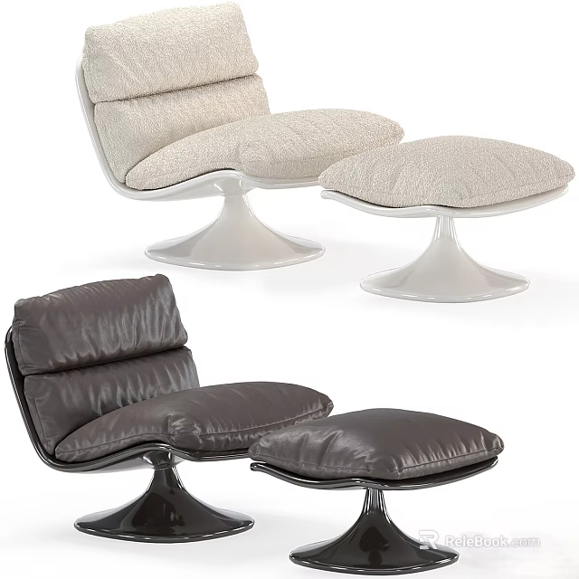 Modern Lounge Chairs with Ottoman Footstool Leather and Fabric Upholstery Round Metal Base Design 3d model 
