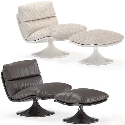 Modern Lounge Chairs with Ottoman Footstool Leather and Fabric Upholstery Round Metal Base Design 3d model