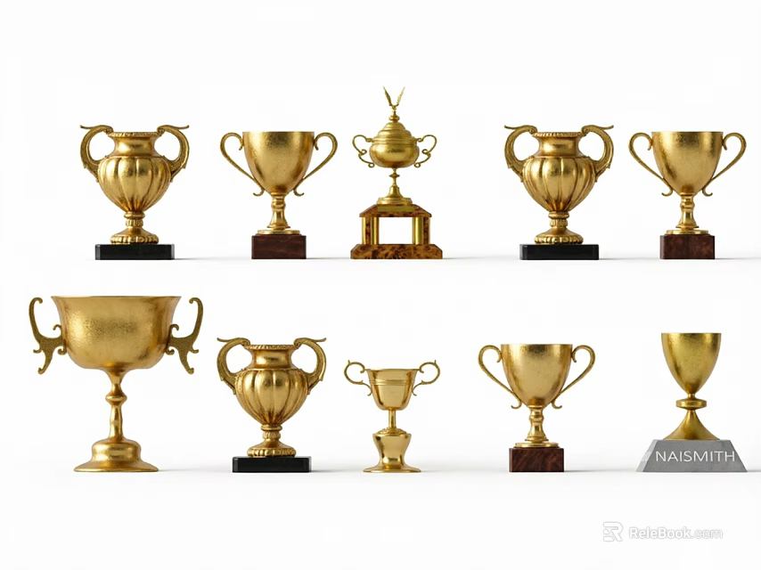 Golden Trophies Decorative Ornament Set Featuring Various Designs and Bases 3d model 
