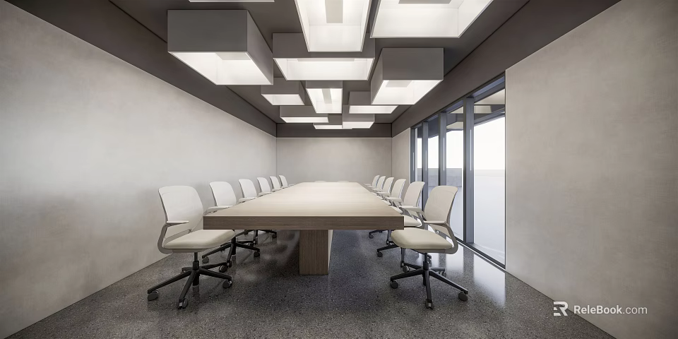 Conference Room Interior With Long Table White Chairs Square Ceiling Lights And Large Windows 3d model 